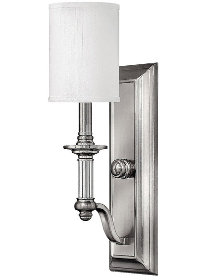 Sussex Single Sconce with White Fabric Cylinder Shade in Brushed Nickel.